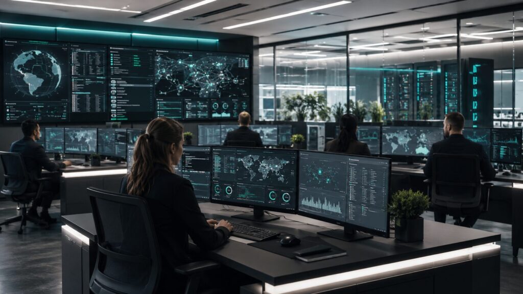 Equipo de ciberseguridad monitorizando alertas en un SOC gestionado para pymes
