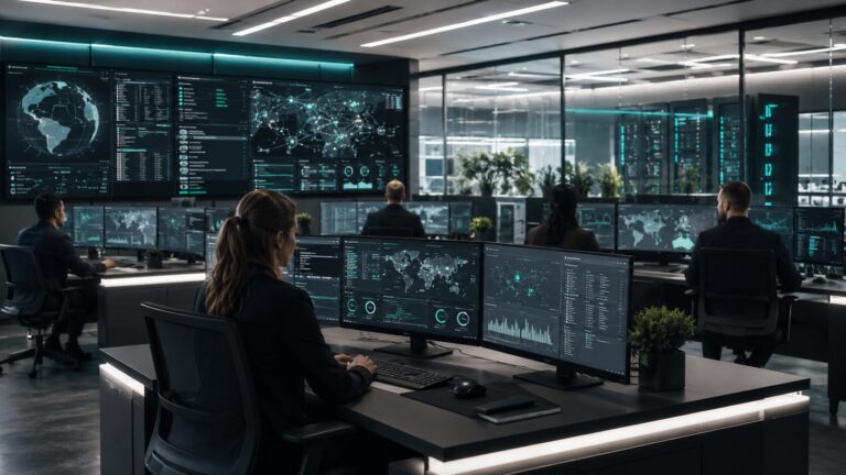 Equipo de ciberseguridad monitorizando alertas en un SOC gestionado para pymes