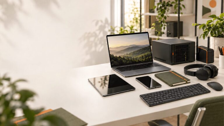 Equipos tecnológicos de empresa —portátil, servidor, router, tablet y móvil— organizados para su inventario.